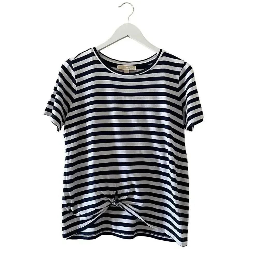 Michael Kors Stripes Front Knot Short Sleeves Soft High Low L # 1373